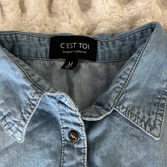 Short sleeve button down jean shirt M lightweight distressed blue fitted retro - Picture 3 of 5